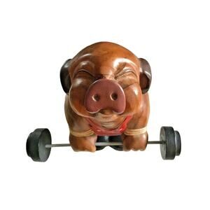 Vintage Handmade All Wood Handpainted Pig Weight Lifter Country Carving Unique